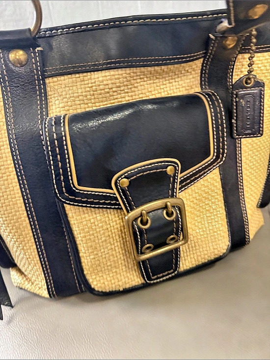 Coach Handbags - Coach Soho Straw Buckle Tote Black & Beige Canvas Tote Vintage